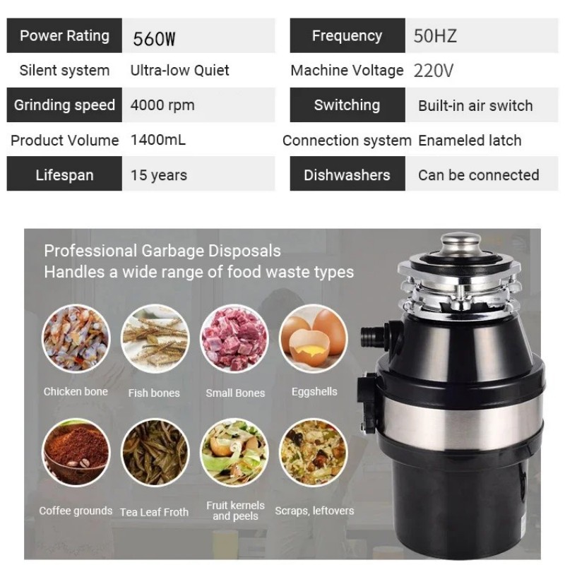 DIVEDEER Kitchen Garbage Disposal Stainless Steel Food Crusher Waste Disposer for Residue Processor Air Switch Easy Install 