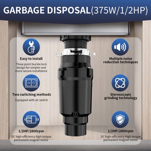 DIVEDEER Garbage Disposal With Sound Reduction 1/2 HP Food Waste Disposer With Stainless Steel Grinding System Continuous Feed