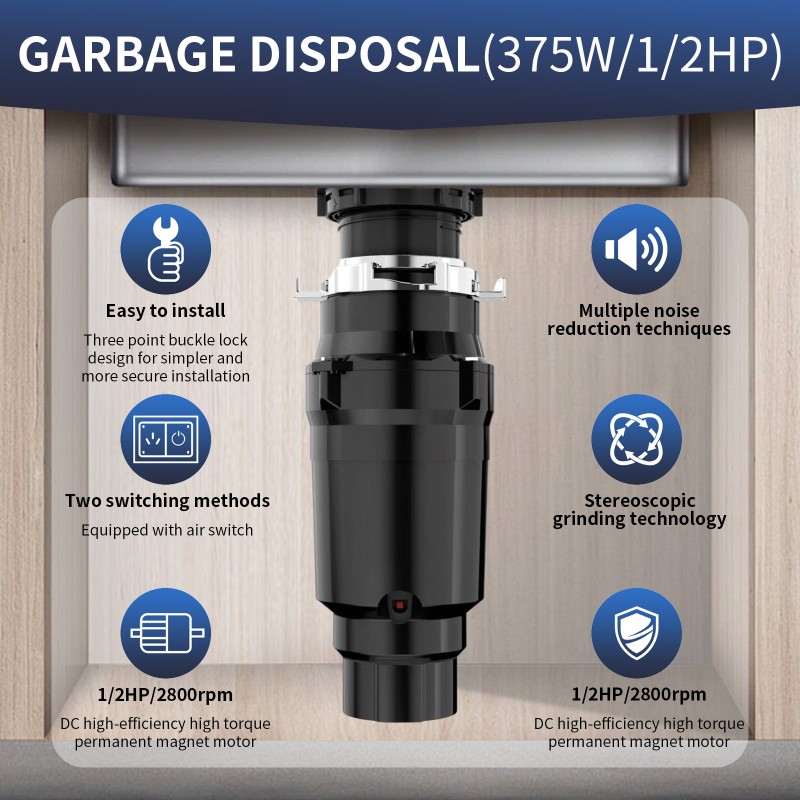 DIVEDEER Garbage Disposal With Sound Reduction 1/2 HP Food Waste Disposer With Stainless Steel Grinding System Continuous Feed 
