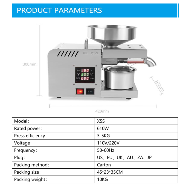 DIVEDEER X5S Stainless Steel Oil Press Intelligent Automatic Temperature Control Panel Peanut Sunflower Seed Kernel Olive Oil 