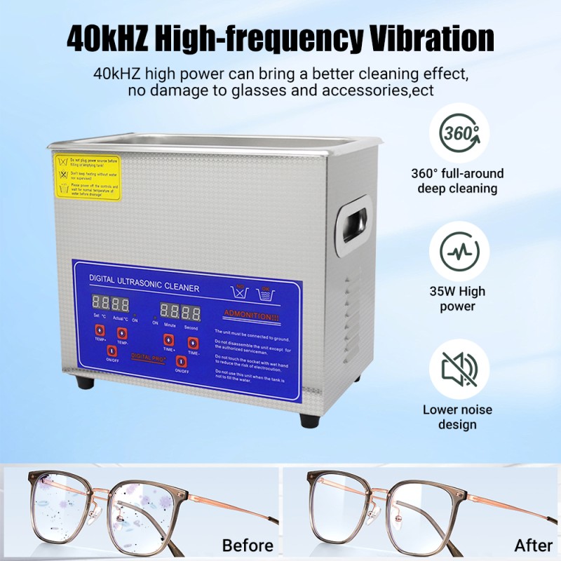 DIVEDEER 3L Ultrasonic Cleaner with Digital Timer Stainless Steel for Household Jewelry Glasses Watch Bath Cleaning Machine 
